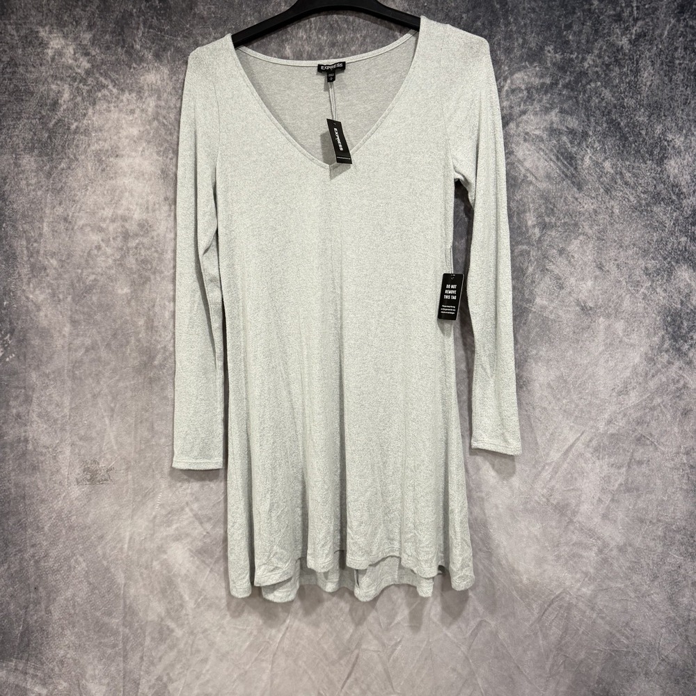 Express Women's Small Gray Metallic Shimmer Long Sleeve V Neck Swing Dress